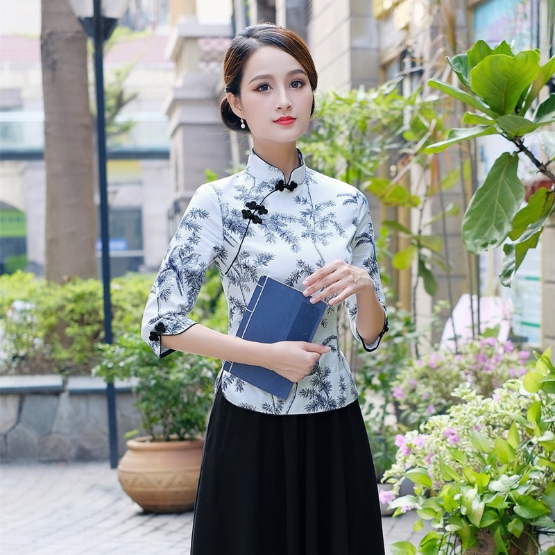 Women girls printed floral tang suit retro tops for girls chinese ancient porcelain texture elegant cheongsam tops