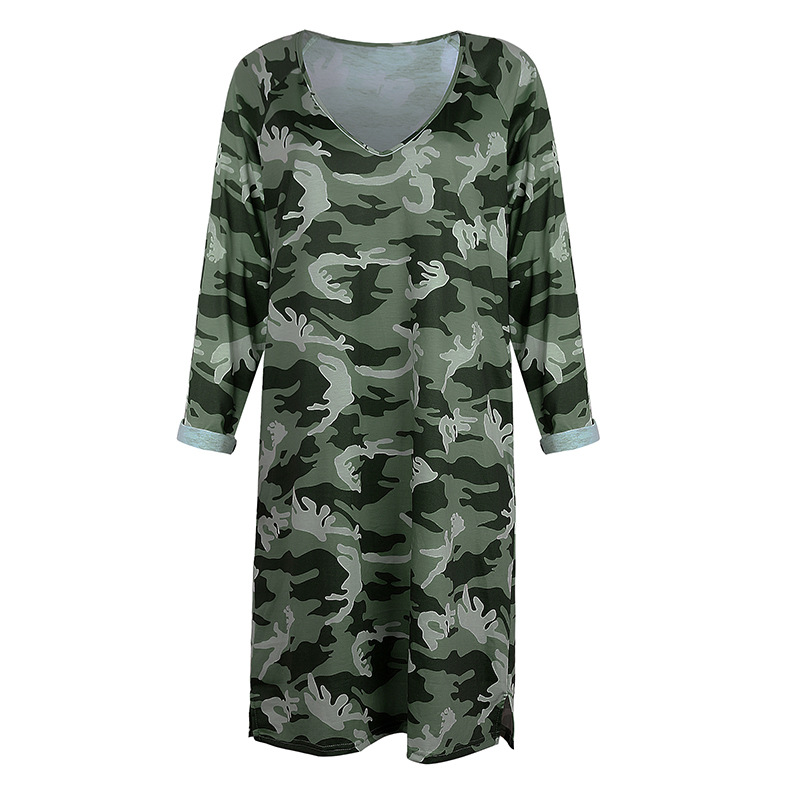 loose V-neck printed long-sleeved mid-length dress NSZH33167