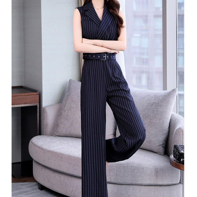 Sleeveless vertical striped wide-legged pants suit summer