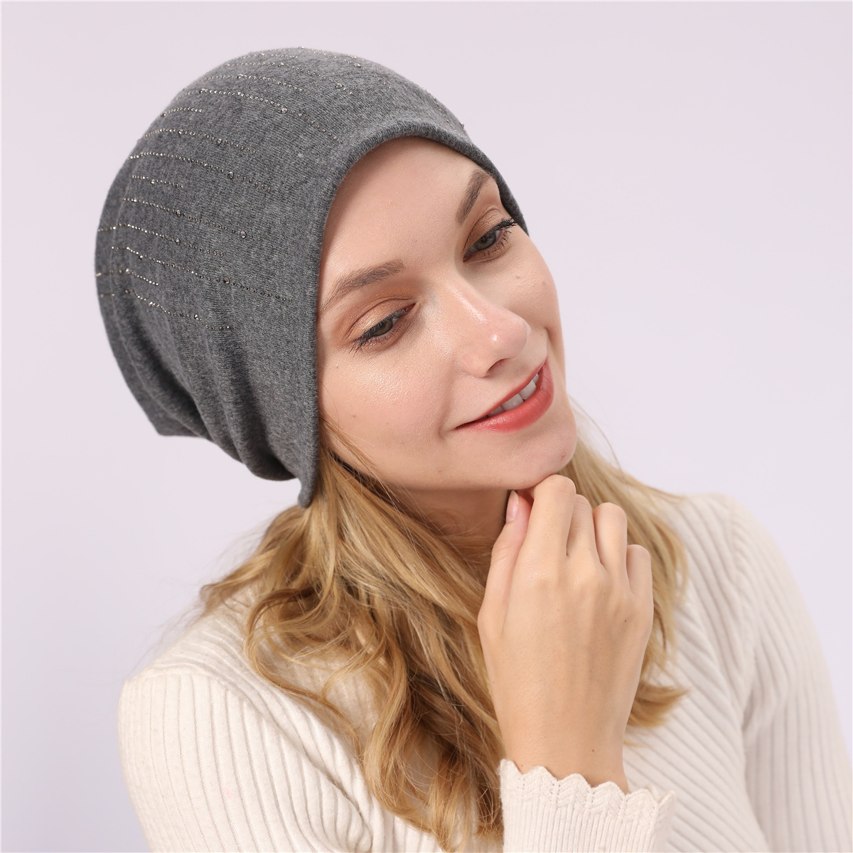 M965 nouveau automne/hiver Couple pull Double couche Imitation cachemire chaud diamant coton tissu chaud clair de lune chapeau_voghion.com