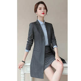 职业装黑条灰条中长款小西装风衣大衣 韩版修身显瘦女式外套正装