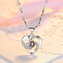 韓版新款鍍銀心形吊墜女愛心鑲鑽項鏈鎖骨鏈簡約水晶首飾批發