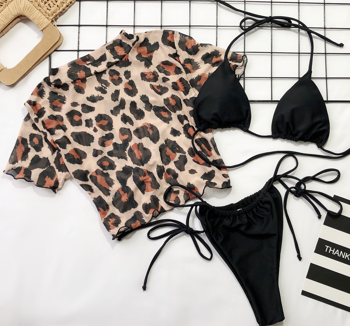 hot print split swimsuit sexy half sleeve three-piece bikini leopard print bikini wholesale NSDA133