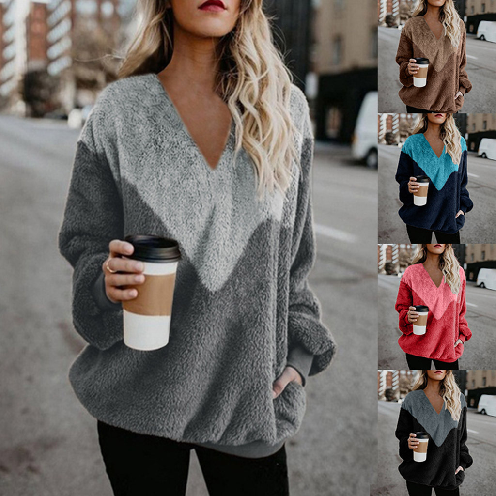2019亚马逊速卖通Ebay欧美秋冬新爆款v领拼接宽松长袖卫衣绒衫 女|ms