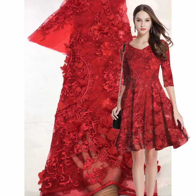 蕾丝网布3D订花珠钉珠树叶绣花布时尚女装童装连衣裙面料