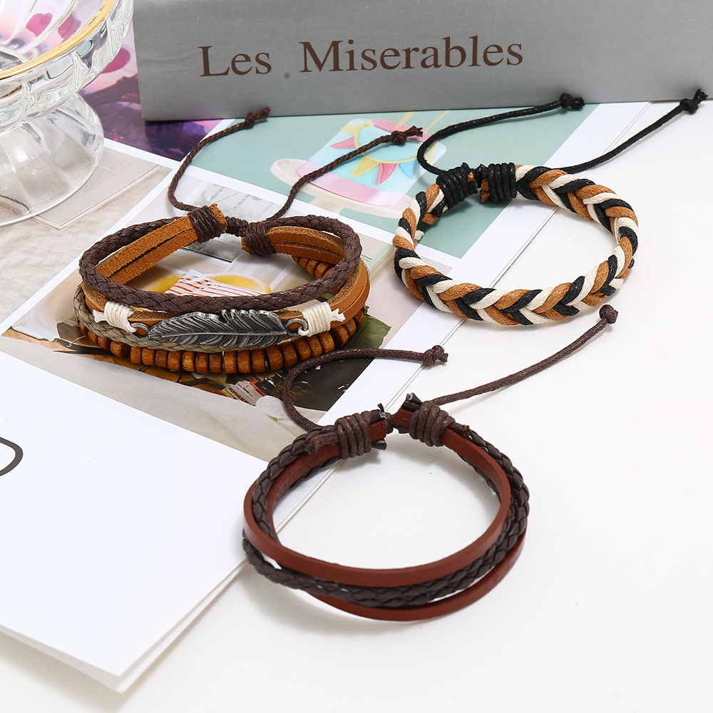 New retro woven leather bracelet simple diy multiple combination three-piece leather bracelet