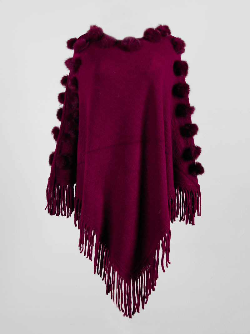 Round Neck Solid Color Knitted Tassel Cloak Shawl NSMMY82831