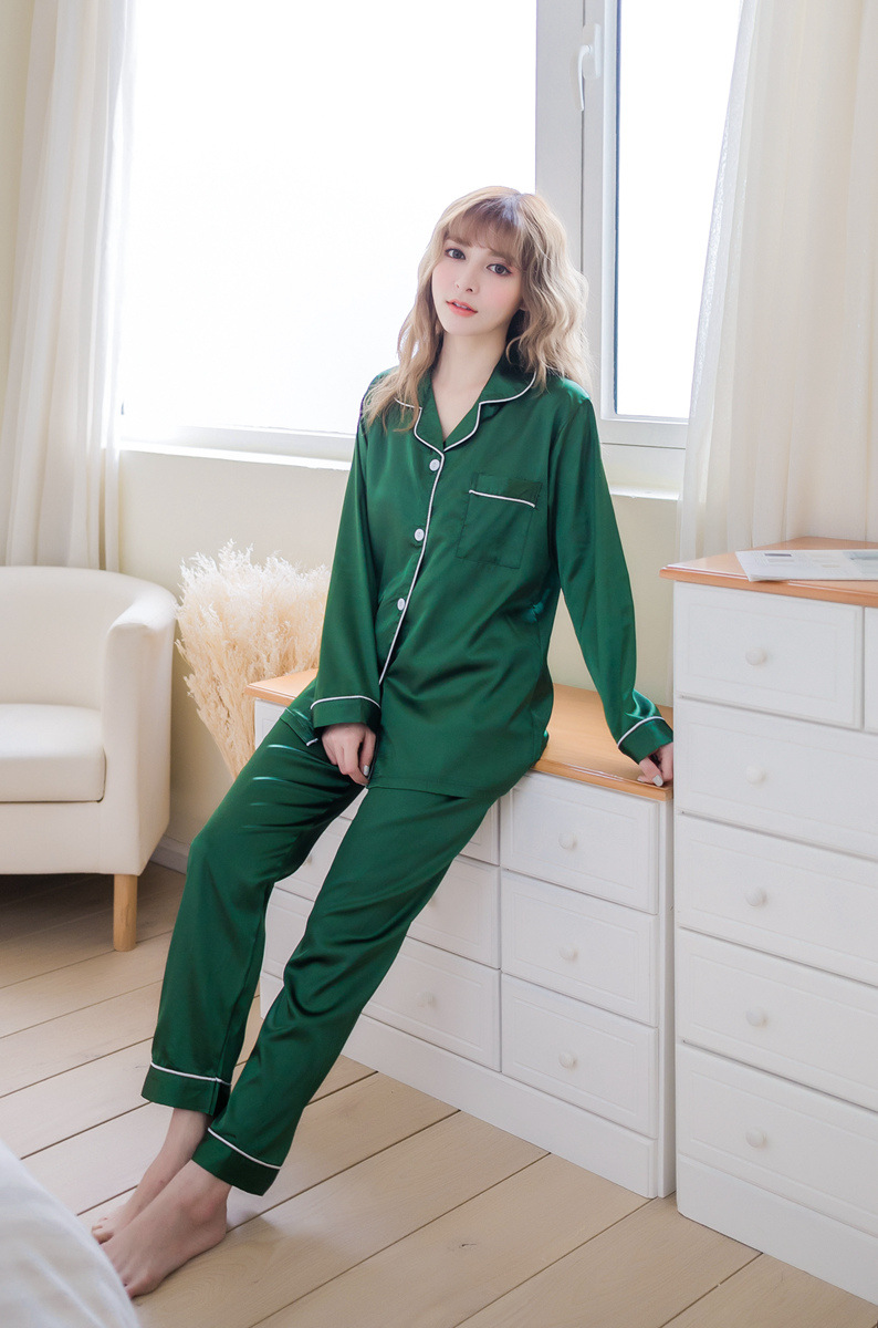 亚马逊跨境专供pajamas睡衣套装仿真丝长袖家居服女士春秋季代发-阿里巴巴