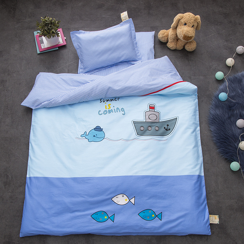 厂家定做纯棉幼儿园被子三件套棉花被褥六件套英伦风可绣园标LOGO|ms