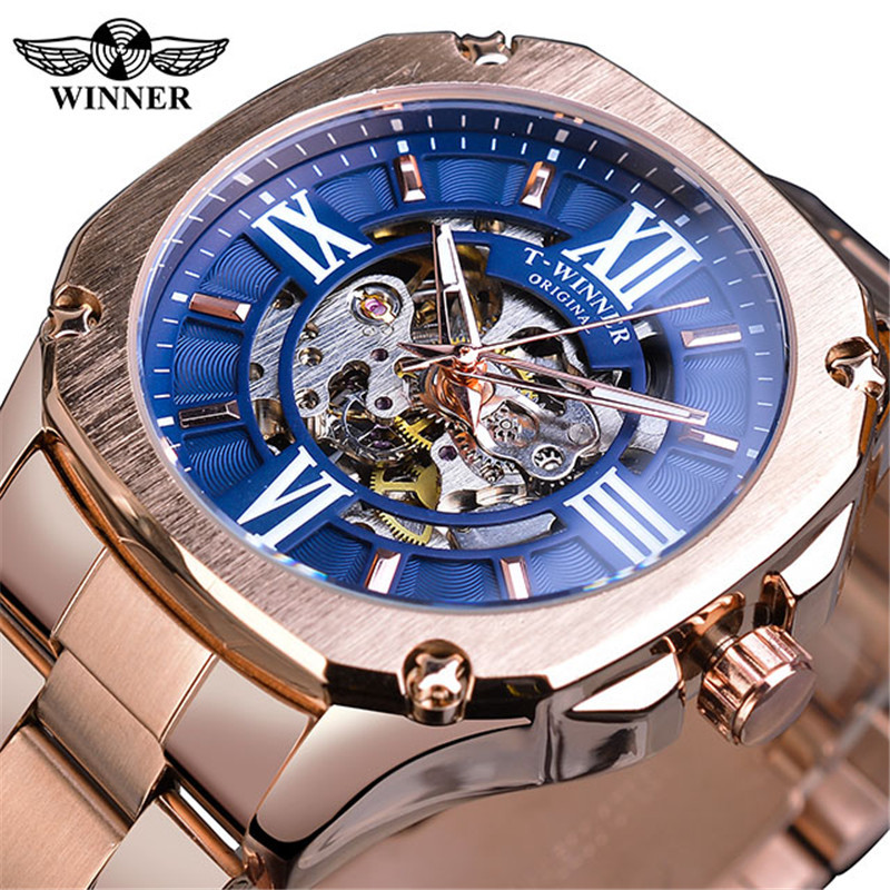 WINNER correa de acero casual para hombres reloj mecánico automático cuadrado hueco transparente inferior moda reloj mecánico Oro