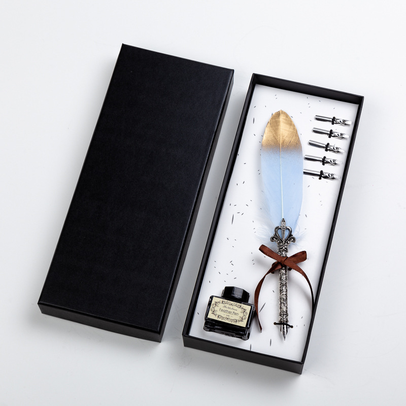 厂家直销欧式复古羽毛笔套装铂金羽毛蘸水笔套装皇冠笔杆羽毛笔|ms