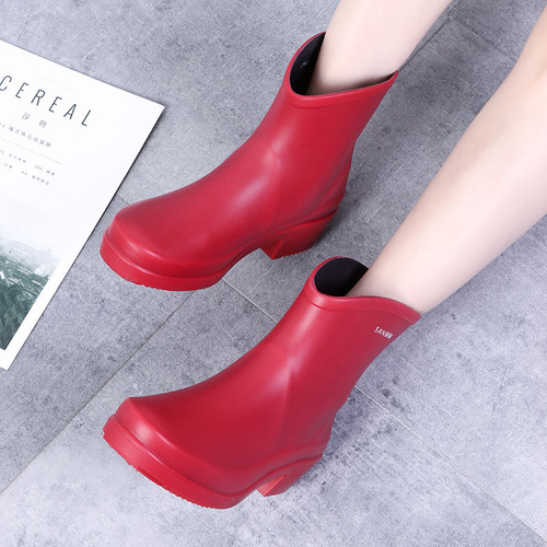 Cross-border fashion short-tube high-heeled rain boots for women, adult PVC rain boots, waterproof rubber shoes, non-slip work Martin water boots