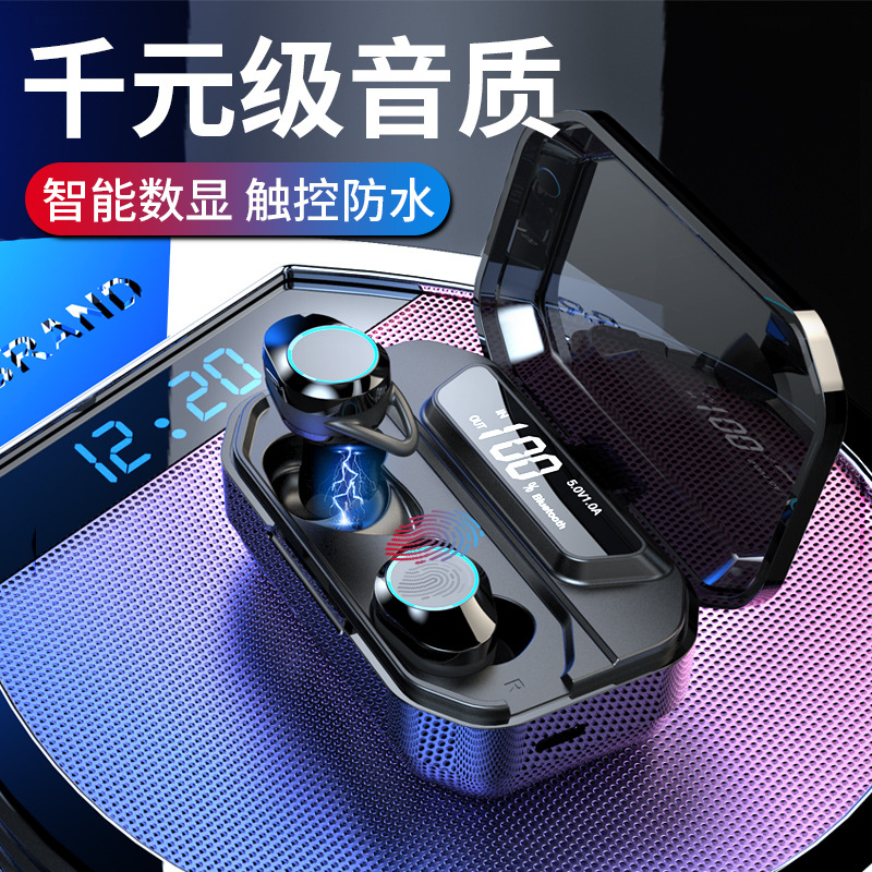 TWS无线蓝牙耳机5.0对耳入耳运动带数显g02耳机防水外贸跨境新款|ms