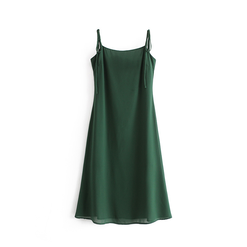 YT-6180 2019欧美风春夏女装新款批发复古墨绿绑带纯色连衣裙
