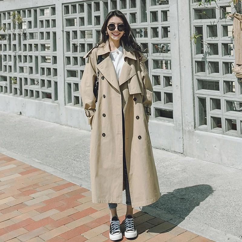 Hepburn Wind Waist Windbreaker 2021 new pattern Korean Edition Easy Mid length version Overknee Versatile ins coat Harbor Wind