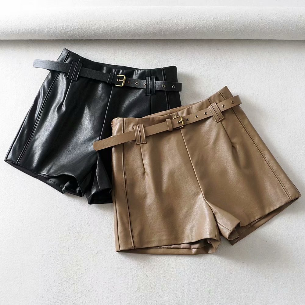 2019 Autumn and Winter New High Waist Flower Bud Leather Shorts Women's Korean Style Slim Look Loose PU Small Leather Pants Wide Leg Pants