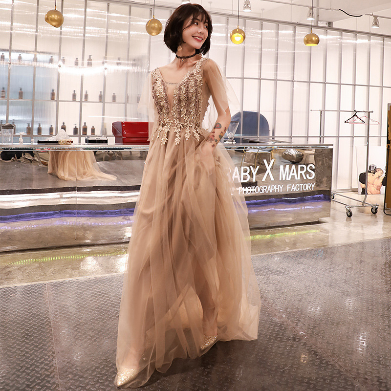2020 New Banquet Evening Dress Beaded Long Champagne Host Dress Birthday Party Dress Fairy Style 2020 New Banquet Evening Dress Beaded Long Champagne Host Dress Birthday Party Dress Fairy Style