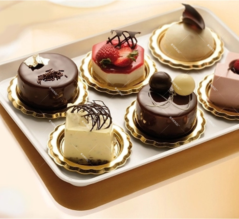 Japonés de plástico de calidad alimentaria bandeja de oro de postre occidental mousse bloque de corte cuadrado redondo bloque de corte pastel bandeja de oro