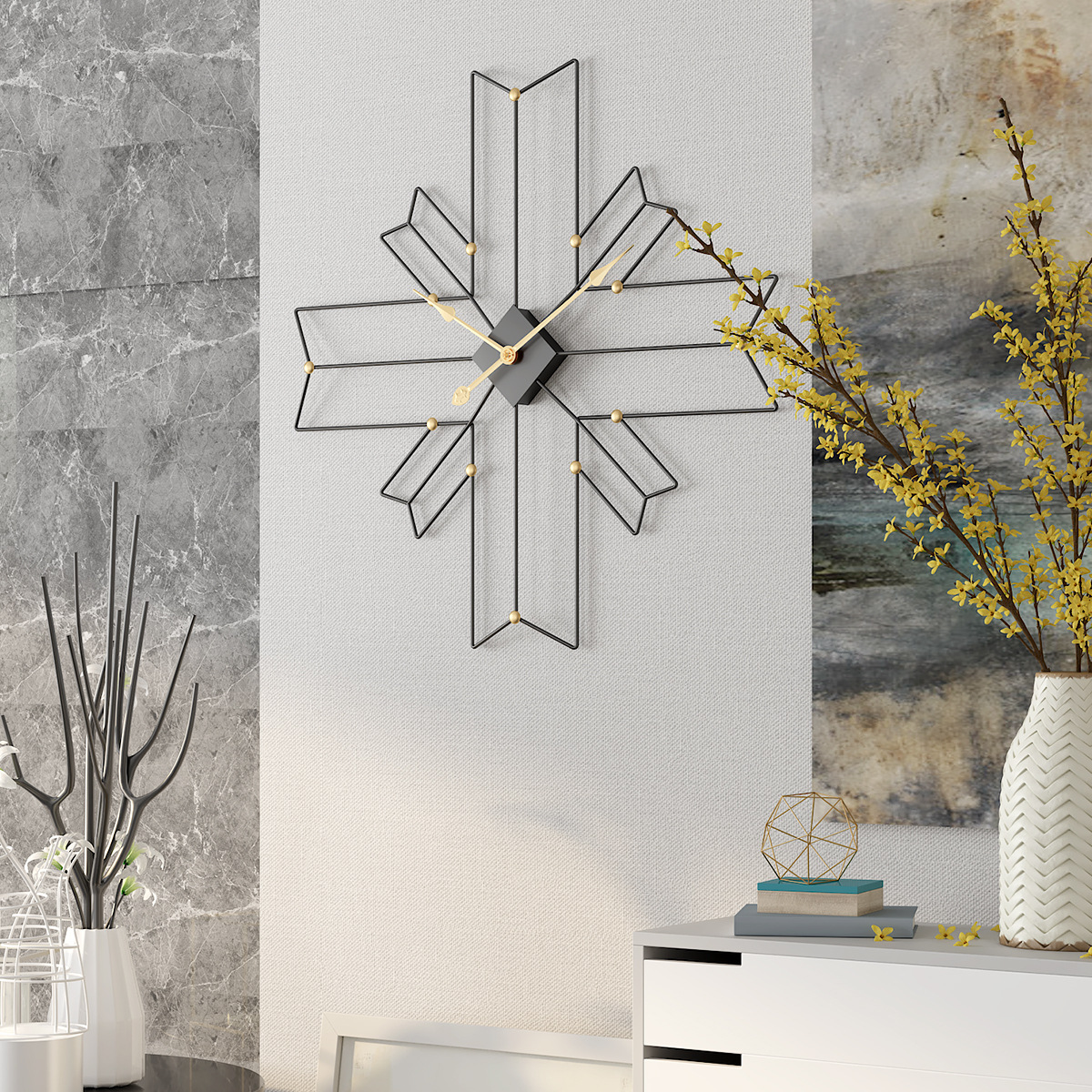 亚马逊新品创意挂钟 十字架多边形客厅挂钟静音金属铁艺装饰钟表