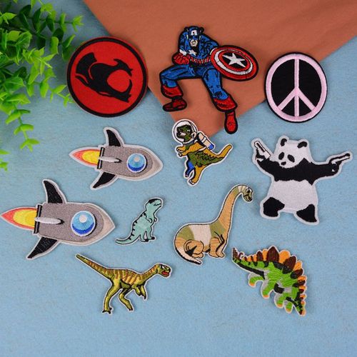 Factory Direct Sale Cute Animal Fabric Accessories Clothing Decorative Patches Dual-Barbed Panda Dinosaur Embroidered Fabric Stickers