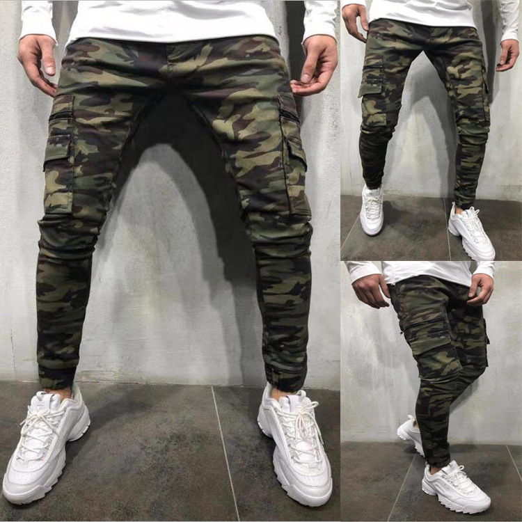 European and American Men's Multi-Pocket Small Feet Jeans Camouflage Cargo Jeans