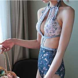 厂家直销显瘦比基尼遮肚女清新碎花性感小胸聚拢显胸连体温泉泳衣