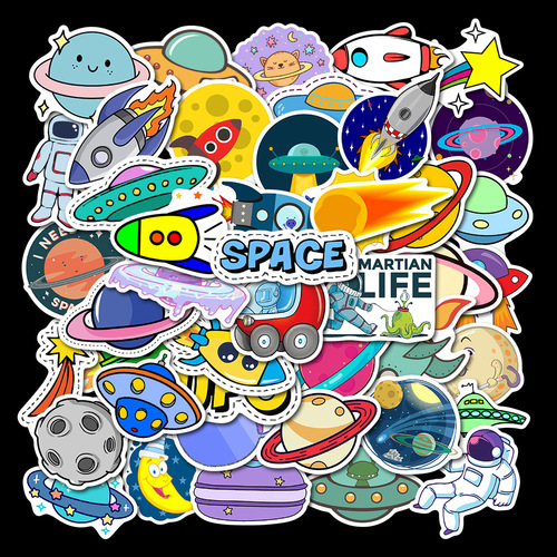 50 pieces of planet rocket UFO astronaut cartoon graffiti stickers waterproof suitcase notebook water cup stickers