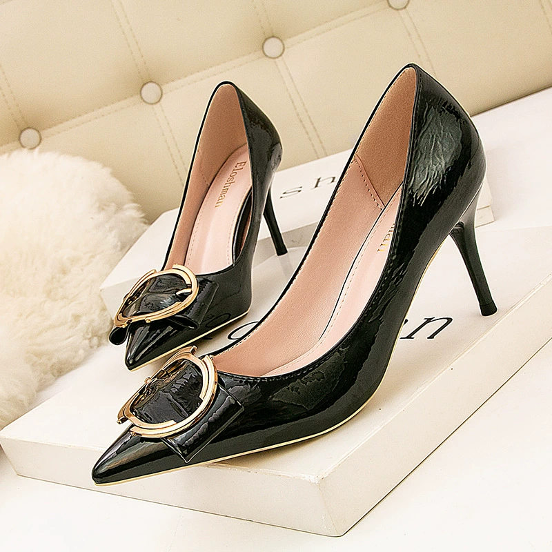 899-6 корейские модные профессиональные туфли OL на высоком каблуке-шпильке с заостренной металлической пряжкой и мелким ртом