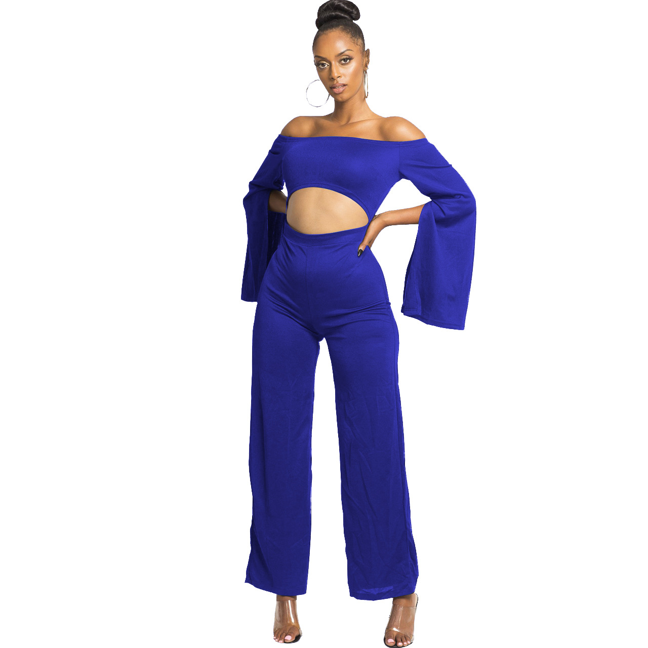 Boutique Casual Solid Color Long Sleeves Cropped off Shoulder Jumpsuit