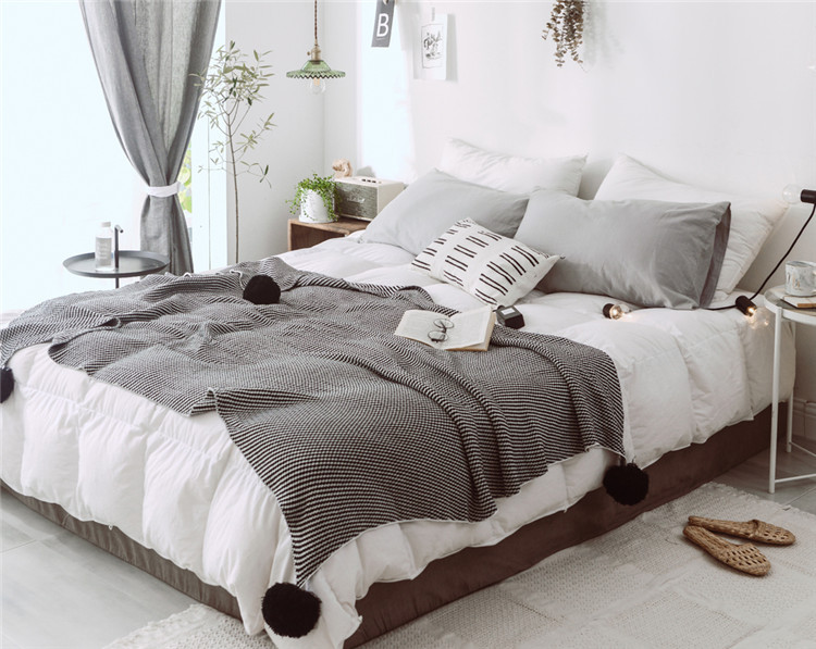 Lehká luxusní severská jednoduchá celobavlněná černá keprová deka do hotelové ložnice, vlněná deka, povlečení_voghion.com