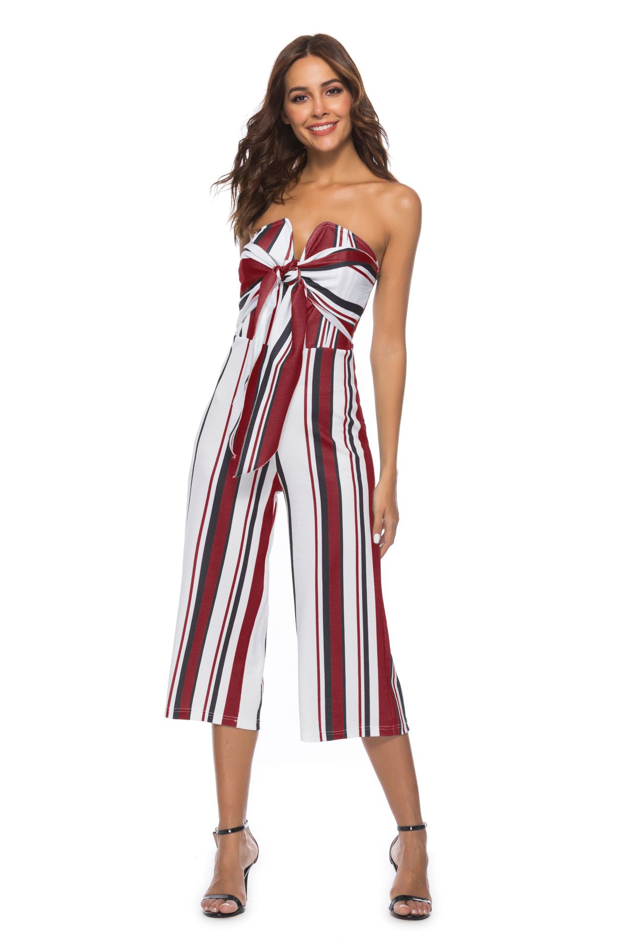 tie bow contrast striped long jumpsuit  NSDY34897