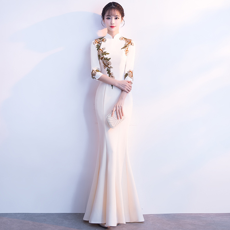 Black wine champagne Banquet cheongsam female favors large chorus Chinese dresses qipao retro cheongsam fishtail dress host shows cheongsam