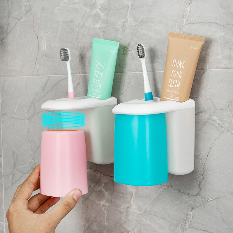 Magnetic Absorbing Simple Plastic Double-sided Adhesive Wall-mounted Adhesive Toothbrush Holder with Gargle Cup Teeth Holder Magnetic Absorbing Teeth Holder