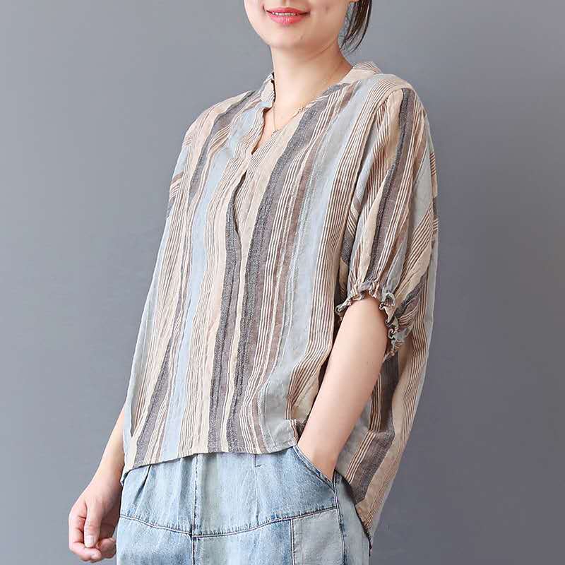 娜美家2022夏季新款文艺宽松短袖打底衫女百搭休闲棉麻V领条纹T恤