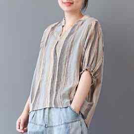 娜美家2022夏季新款文艺宽松短袖打底衫女百搭休闲棉麻V领条纹T恤