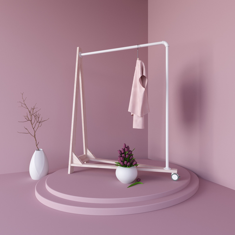 High-end Clothing Store Display Hanger Solid Wood Iron Pipe A-shaped Single-sided Floor-standing Roller Home Hotel Shopping Mall Display Rack