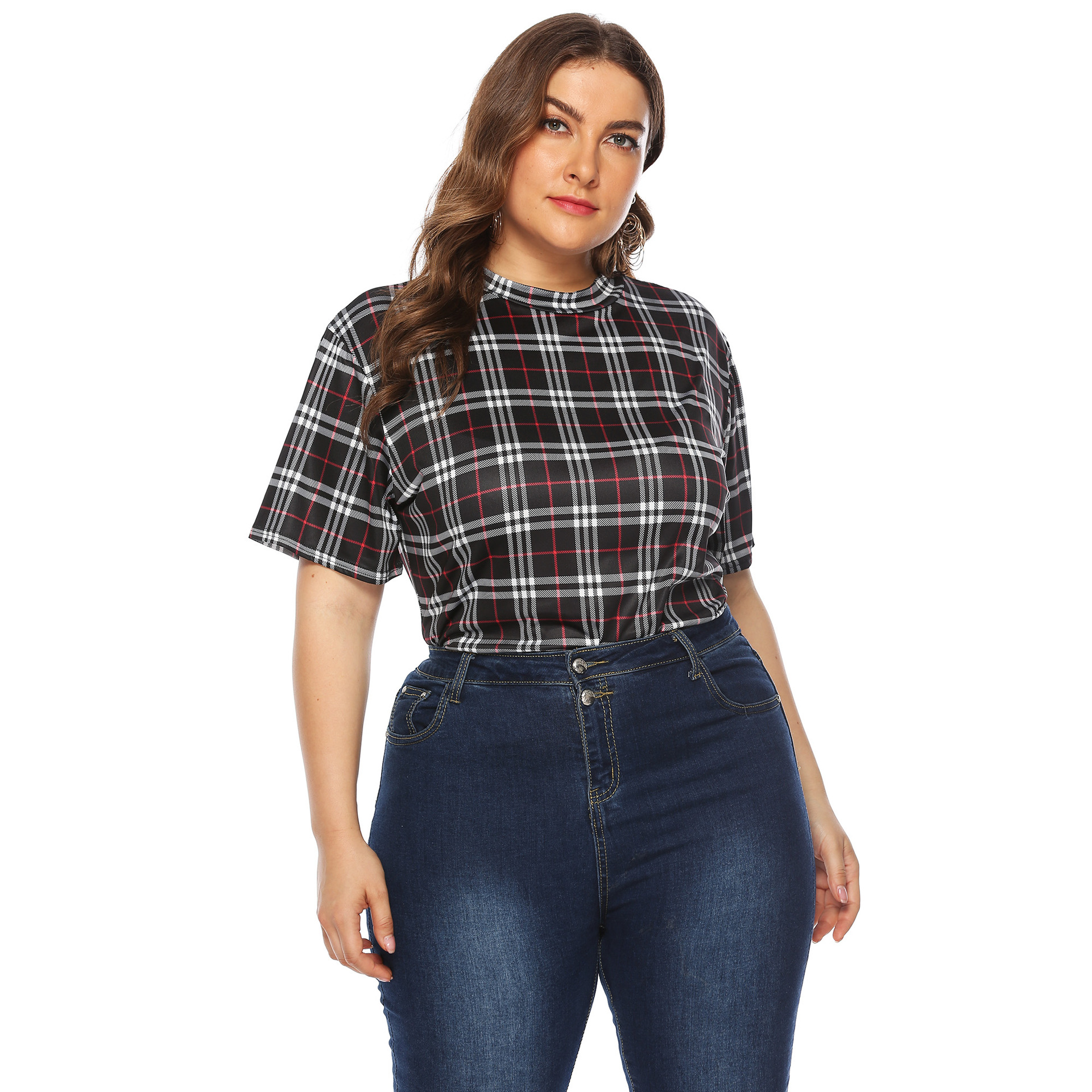 Plus Size Plaid Printed Loose Short-Sleeved Plaid T-Shirt NSOY27395