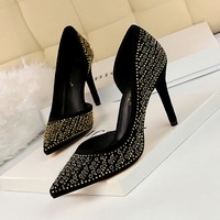 188-5 European and American fashion sexy show thin suede high-heeled shallow pointed mouth side hollow metal rivets diamond single shoes