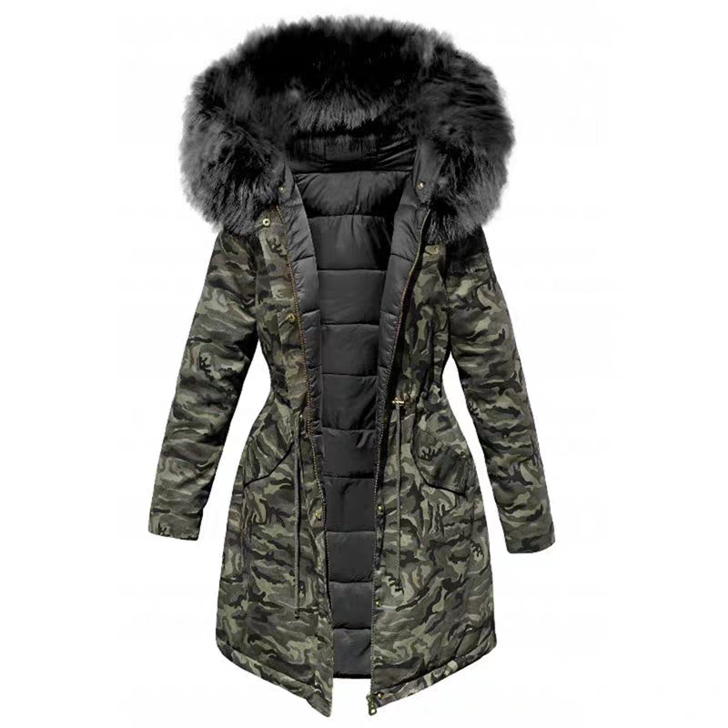 Damvinterjacka med pälskrage fodrad lång varm parkas_voghion.com
