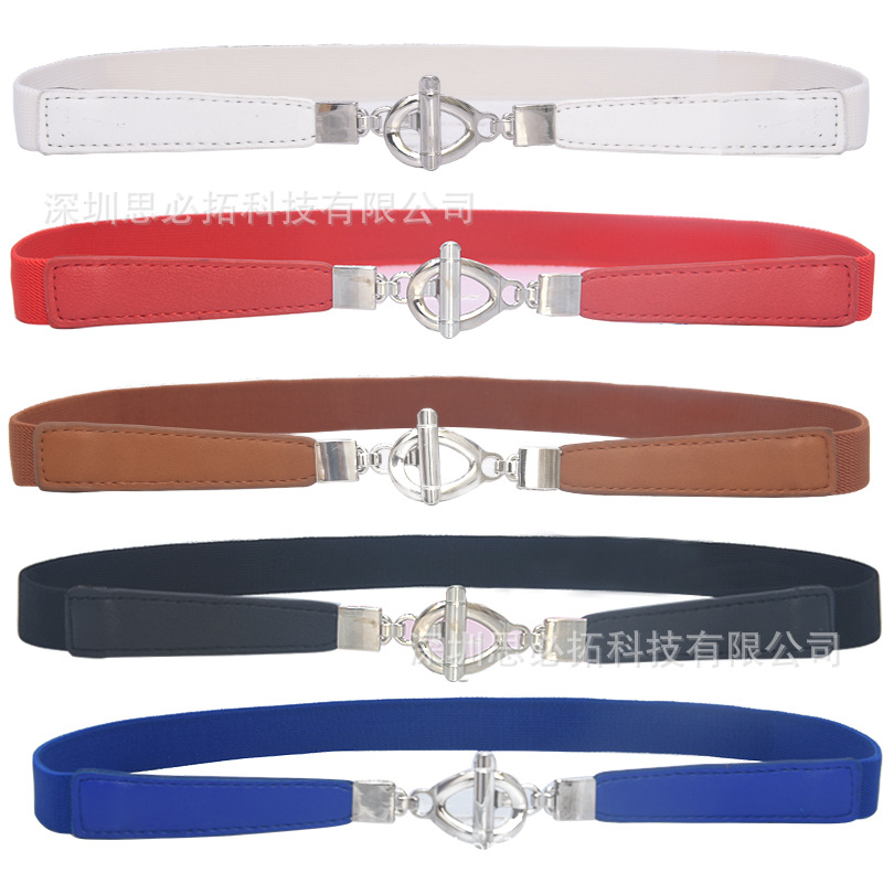 2cm nuevo versátil pequeño sello de cintura imitación cuero vintage colgante hebilla elástico cinturón fino vestido cinturón decorativo