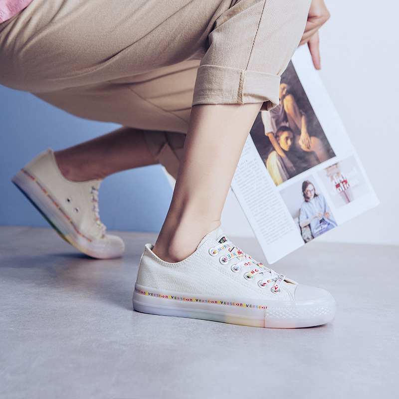 帝星 2019新款帆布鞋七彩学生系带潮ins彩虹鞋女低帮一件代发|ms