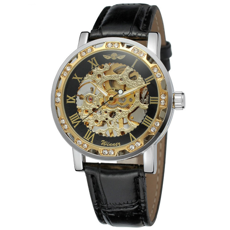 T-winner correa de los hombres reloj mecánico manual hueco transparente inferior moda reloj casual reloj mecánico 614