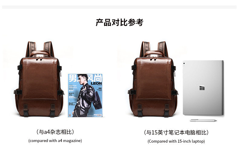 Ba lô da nam da bò thật dung tích lớn 15 inch đựng laptop, ba lô du lịch leo núi ngoài trời chống mài mòn thoáng khí — Cà phê, Màu đen chi tiết 15