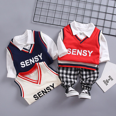 2019春款童装中小童洋气英伦风套装男童帅气马甲三件套潮一件代发|ru