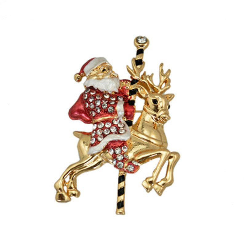 Christmas Brooch Santa Claus Riding Deer Brooch With Diamond Drop Oil Gift Brooch display picture 1