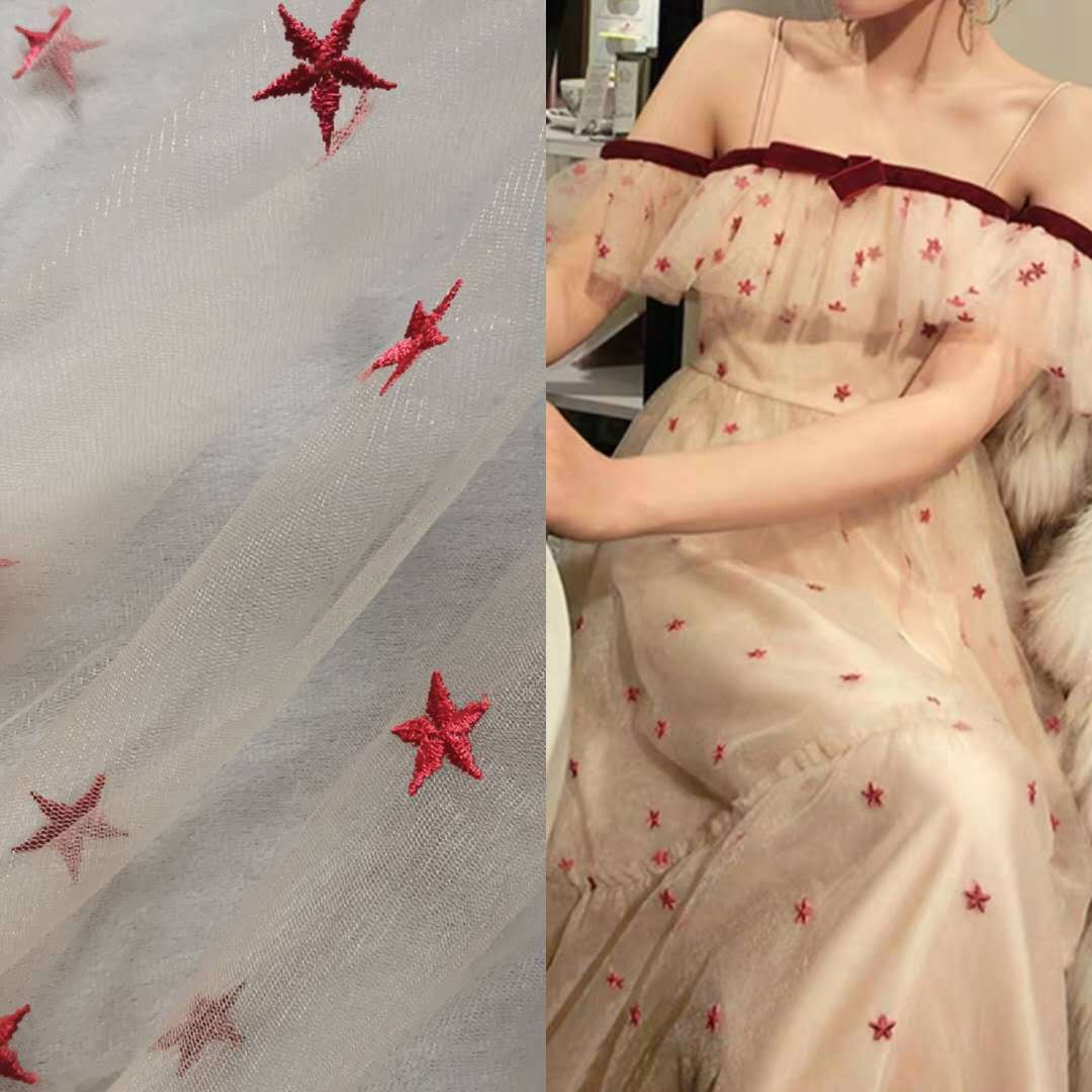 热销款无弹轻盈透薄锦加强网底布立体五角星刺绣 纱裙等面料 现货