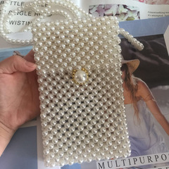 ins同款珍珠迷你小方包女 復古vintage斜挎包 手工編織珍珠手機包