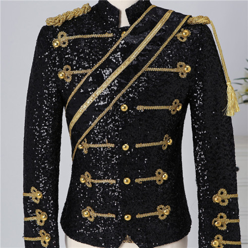 black white Sequined singer rock jazz dance Fringe Epaulet Jacket for male nightclub bar coats men's England style band rock singer Costume