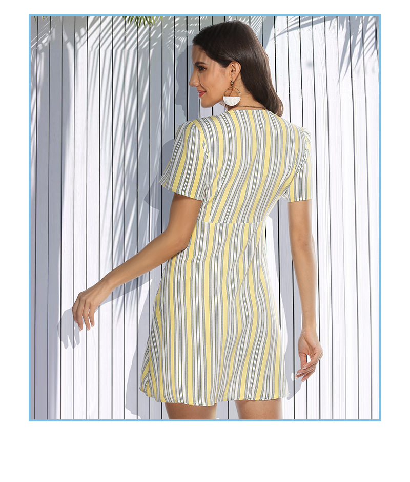 Summer New Lemon Yellow Striped Sexy V-neck Short Sleeve Dress  NSJR30281