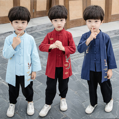 Boy chineses Hanfu suit kids chinese ancient folk ethnic style tang suit cotton and linen chinese kung fu wu shu stage performance clothes for boy 